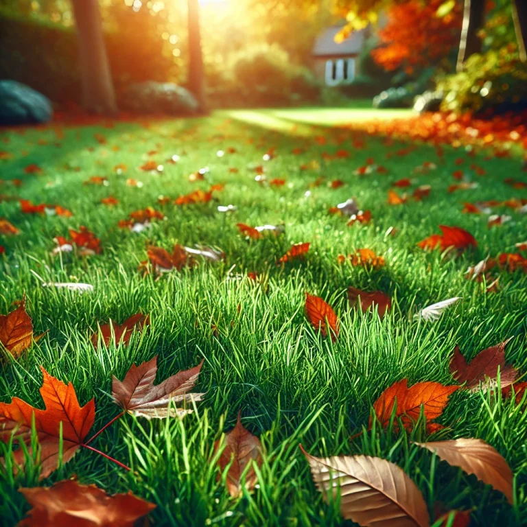 Green lawn in autumn with fallen leaves, well-maintained fall lawn.