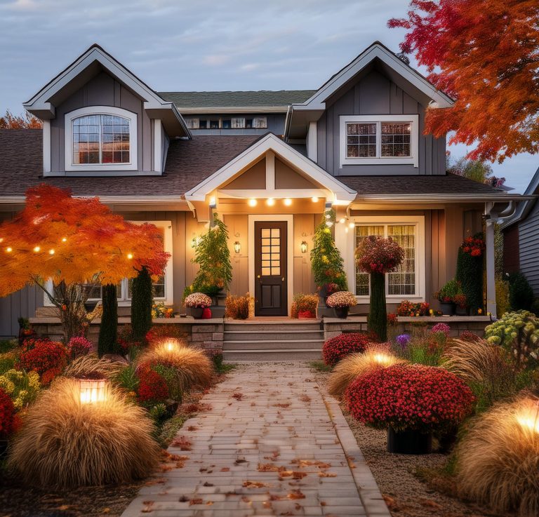 Beautifully landscaped front yard in autumn, featuring vibrant seasonal plants, cozy fall decor, and well-arranged outdoor lighting, enhancing curb appeal