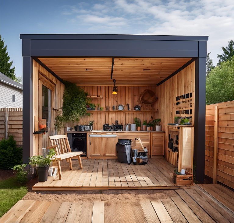 Step-by-step DIY guide to building a backyard workshop, featuring a well-organized outdoor workspace with tools and storage solutions.