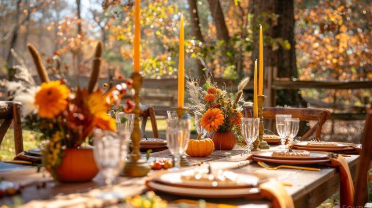 Cozy outdoor fall party setup with pumpkins, blankets, and string lights.