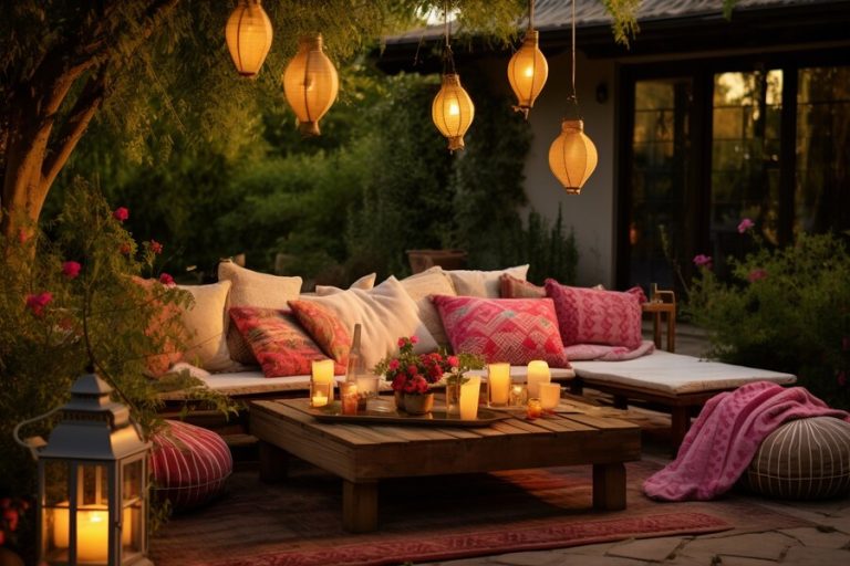 A cozy outdoor seating area illuminated by string lights and lanterns, perfect for autumn evenings.