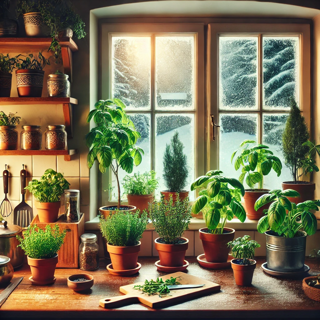 Planting herb seeds in small indoor pots for winter gardening